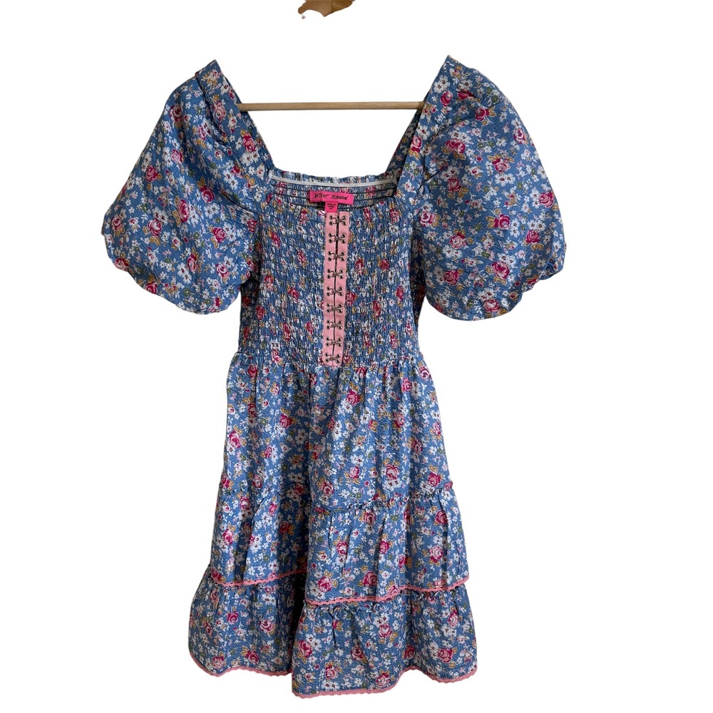 Betsey Johnson Floral Mini‎ Dress Puff Sleeve Tiered Cottagecore XS